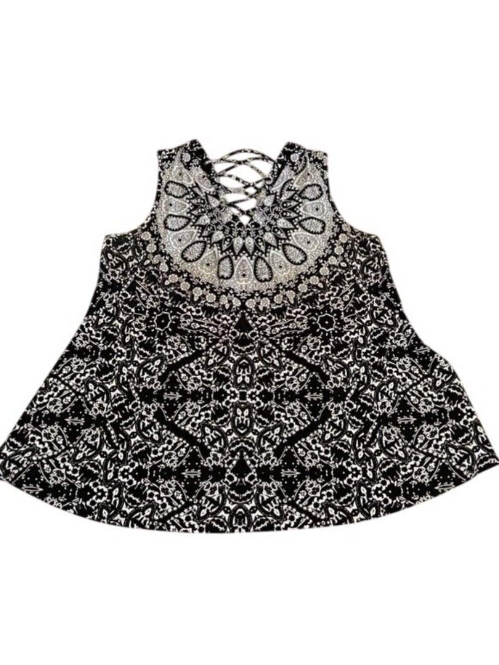 Westport Womens Black & White Paisley Sleeveless Top 2X With Lace-Up Neckline